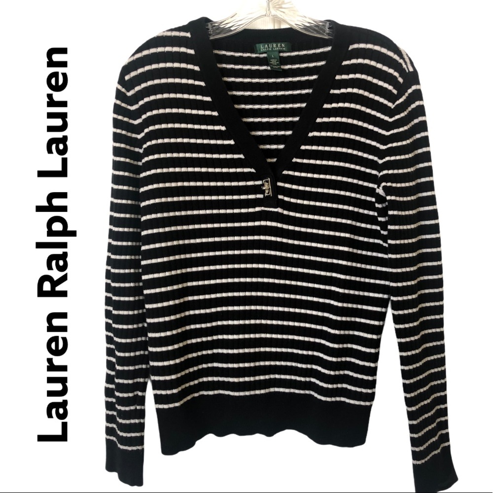 LRL Striped Long Sleeve Pullover V Neck Cotton Sweater Black& White 🌸HP M